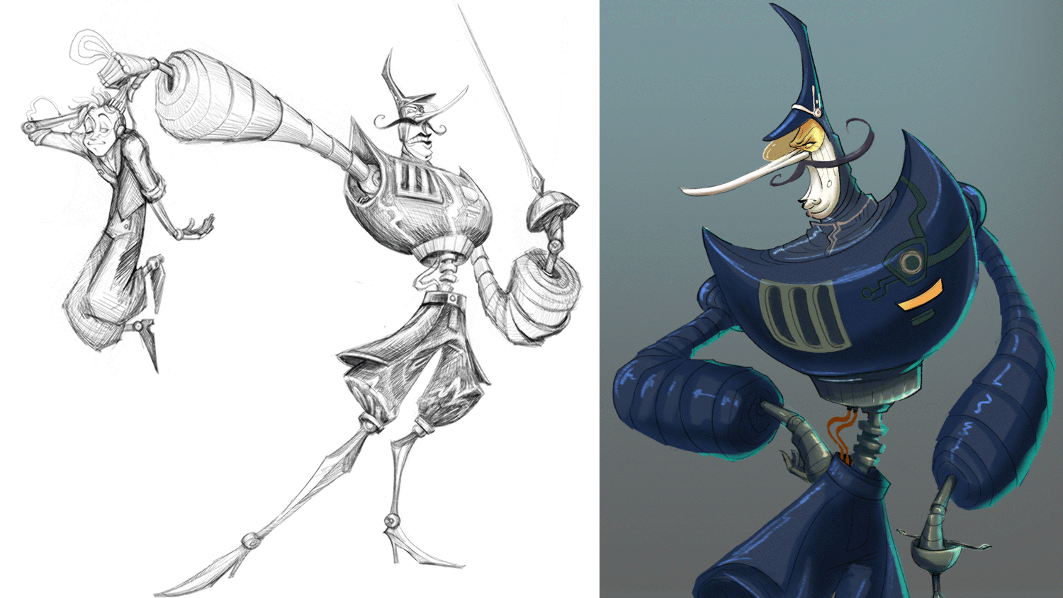 Illustration of character design for game art, showing developments of three characters based on the classics, Bladerunner and Commedia dell’Arte, featuring a robotic cyborg fencer-cop evolving from sketch to final rendered concept art.