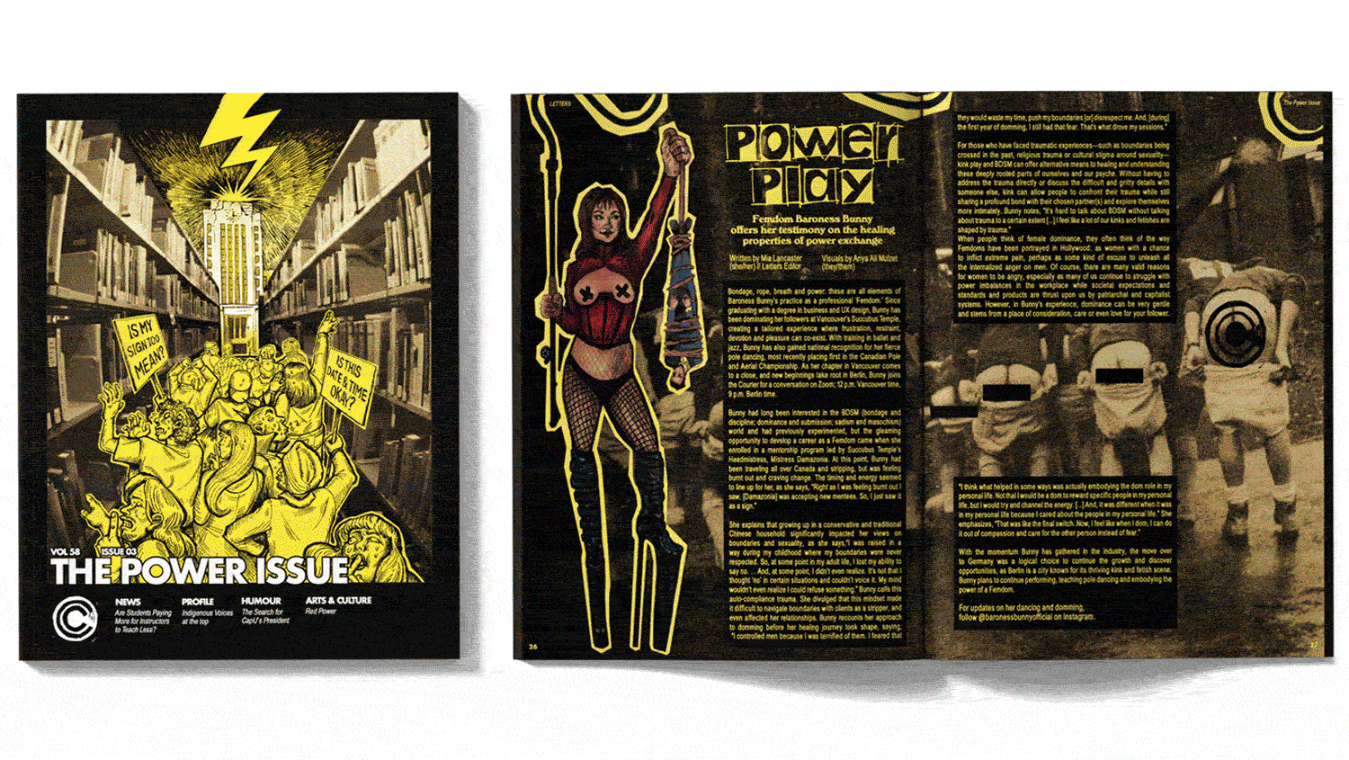 Editorial designs for The Capilano Courier, a university magazine publication, this 9-slide GIF shows spreads from Volume 58’s issue, featuring written crew and contributor content & illustrations, and curated layout backgrounds.