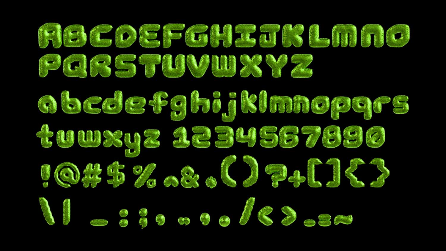 A 3D render of uppercase and lowercase latin alphabets, numbers, and symbols. They are rendered in a green, shiny, balloon-like material.