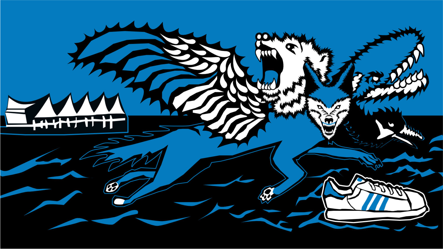 A vector illustration in blue, white and black of a chimera made from a coyote, a goose, an orca, and a bear, leaping across the water in front of Canada Place, alongside an illustration of an Adidas Superstar shoe.