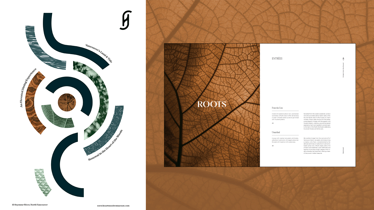 GIF alternating Heartwood menu between different flavour categories, and Heartwood poster animation of swirling patterns.