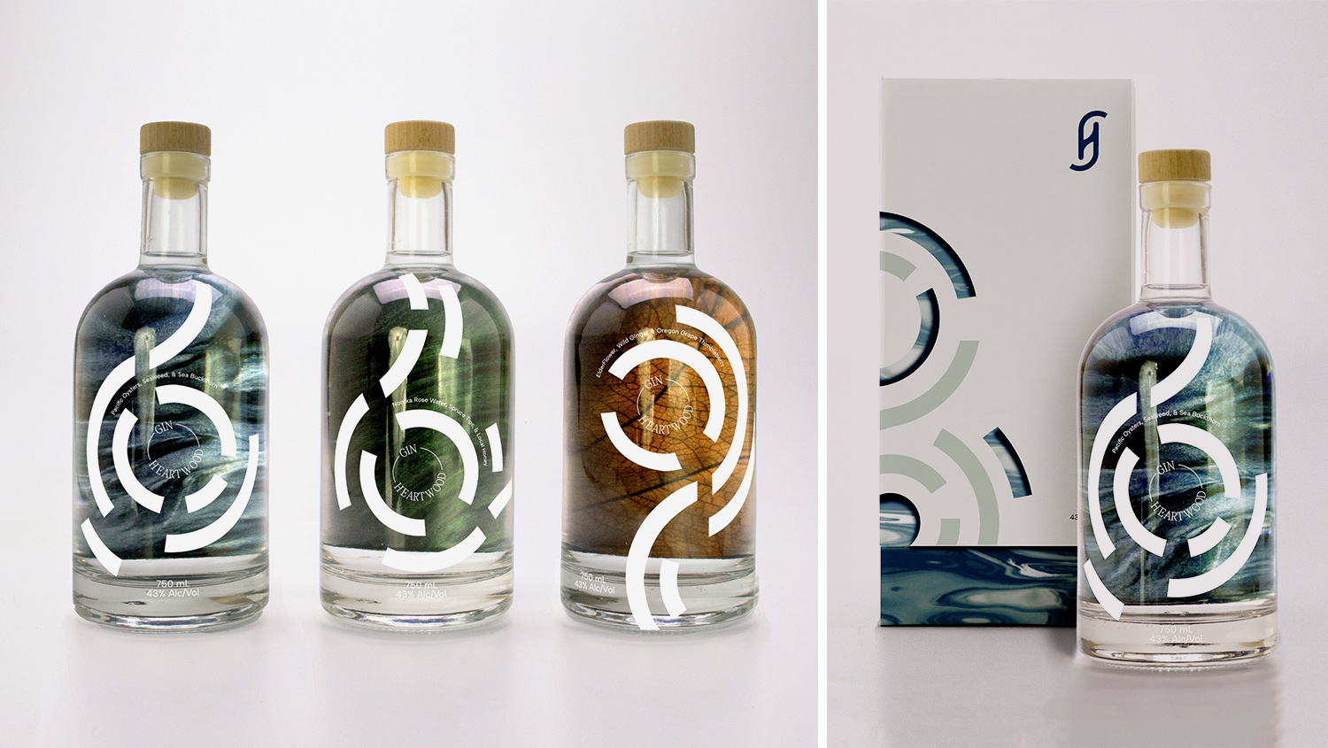 Mock-up on white background displaying three Heartwood gin bottles lined up side-by-side, next to alternating gif of three flavours, showcasing the sea, land, and roots.