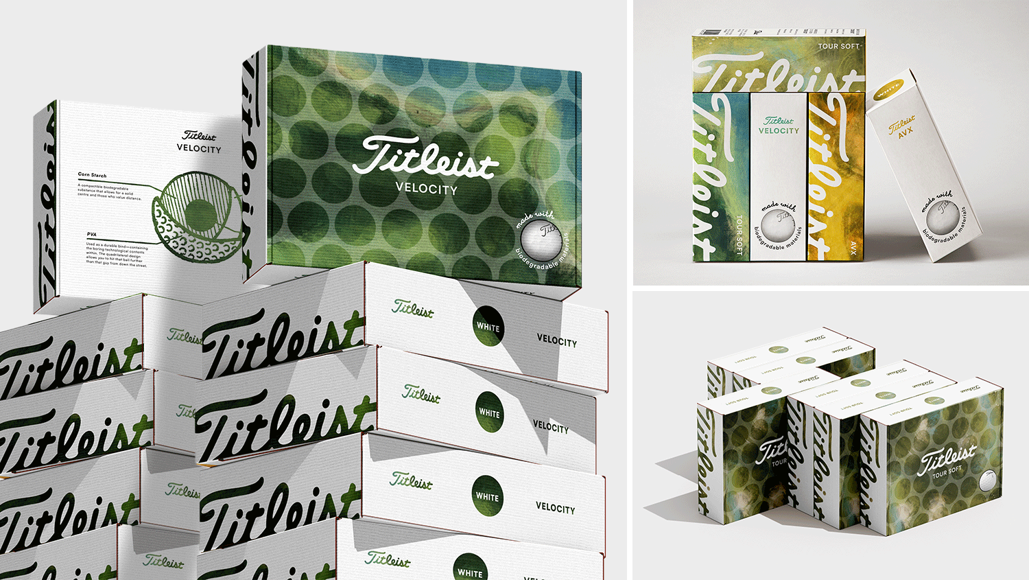 Alternating gif Titleist box stack displaying the different balls, next to golf ball sleeve mock-up and back to back boxes.