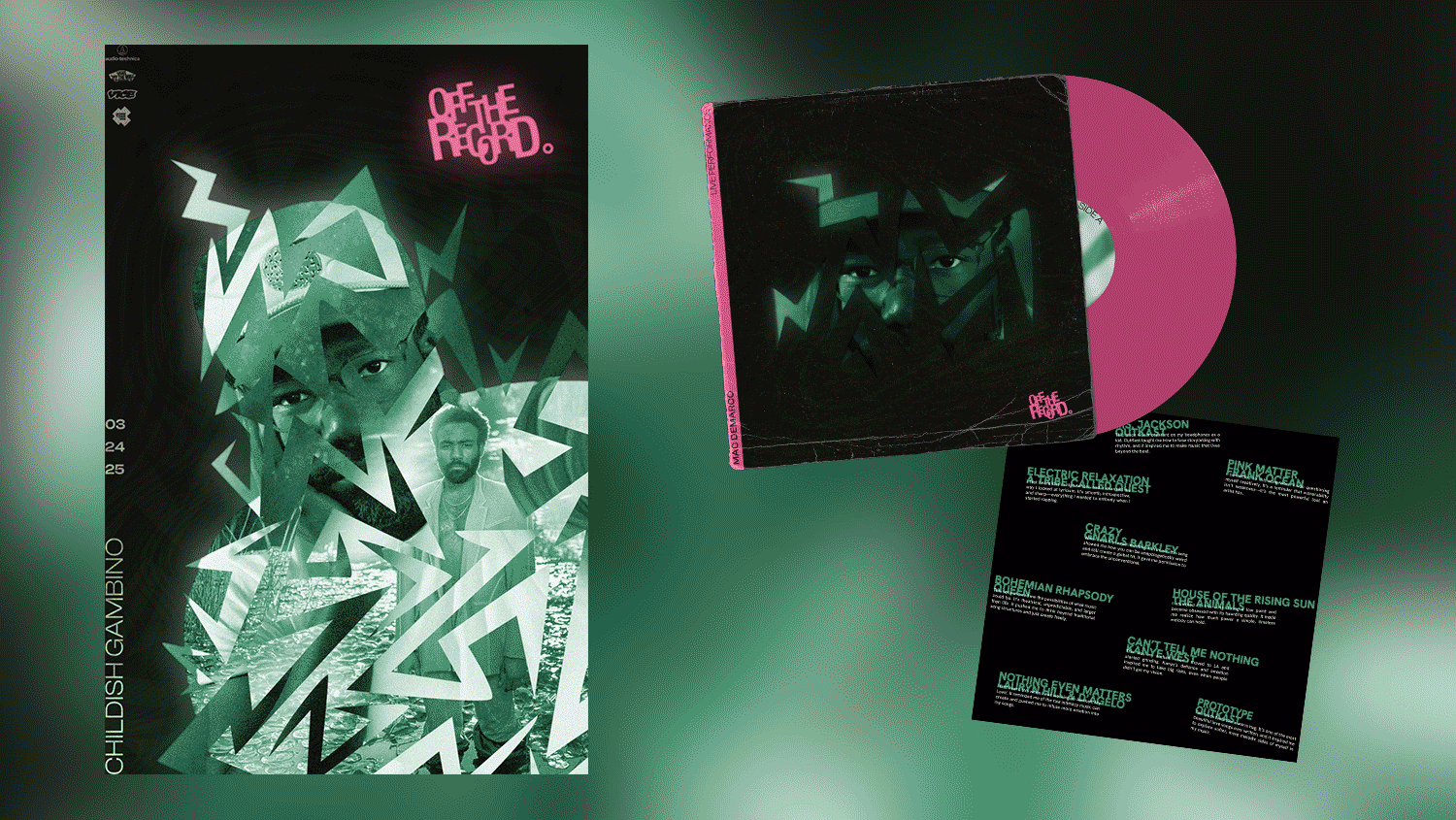 Alternating souvenir posters of Childish Gambino, Mac Demarco, and Raveena, on the right it the matching vinyl and vinyl sleeve.