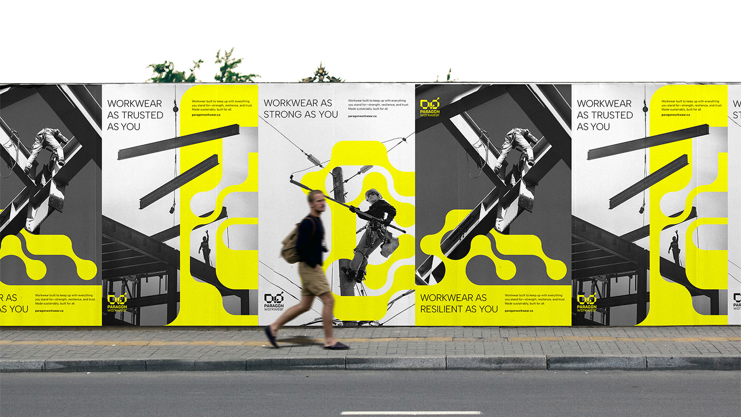 A series of 5 posters on the street with a man walking in front. Posters include black-and-white images of tradespeople working, with bright yellow graphics overlaid.