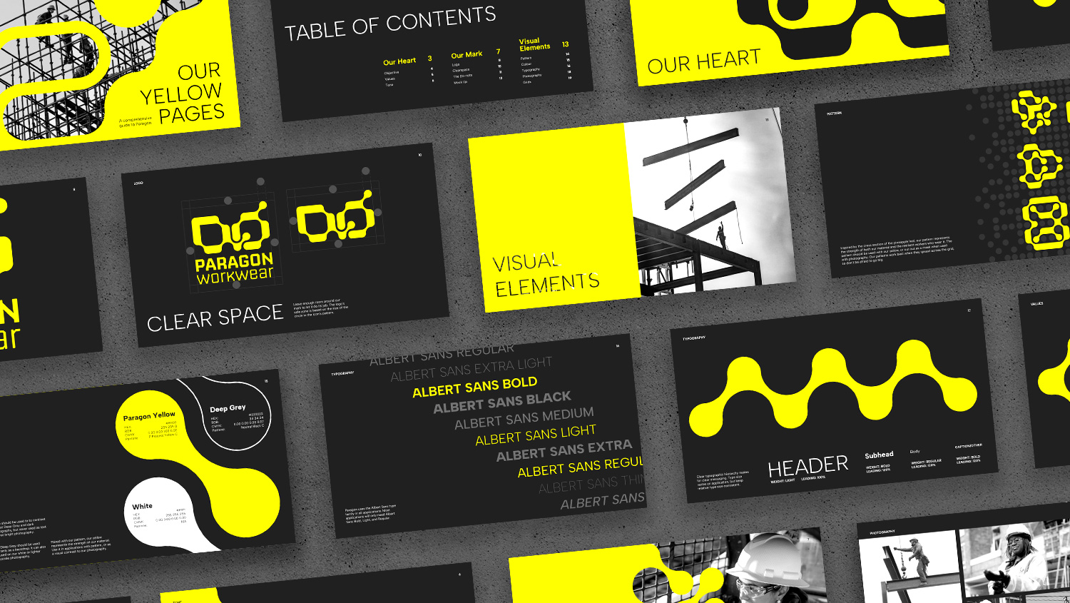 A style guide overview with bright yellow graphics, dark grey backgrounds, black and white photography, and clean sans-serif type.