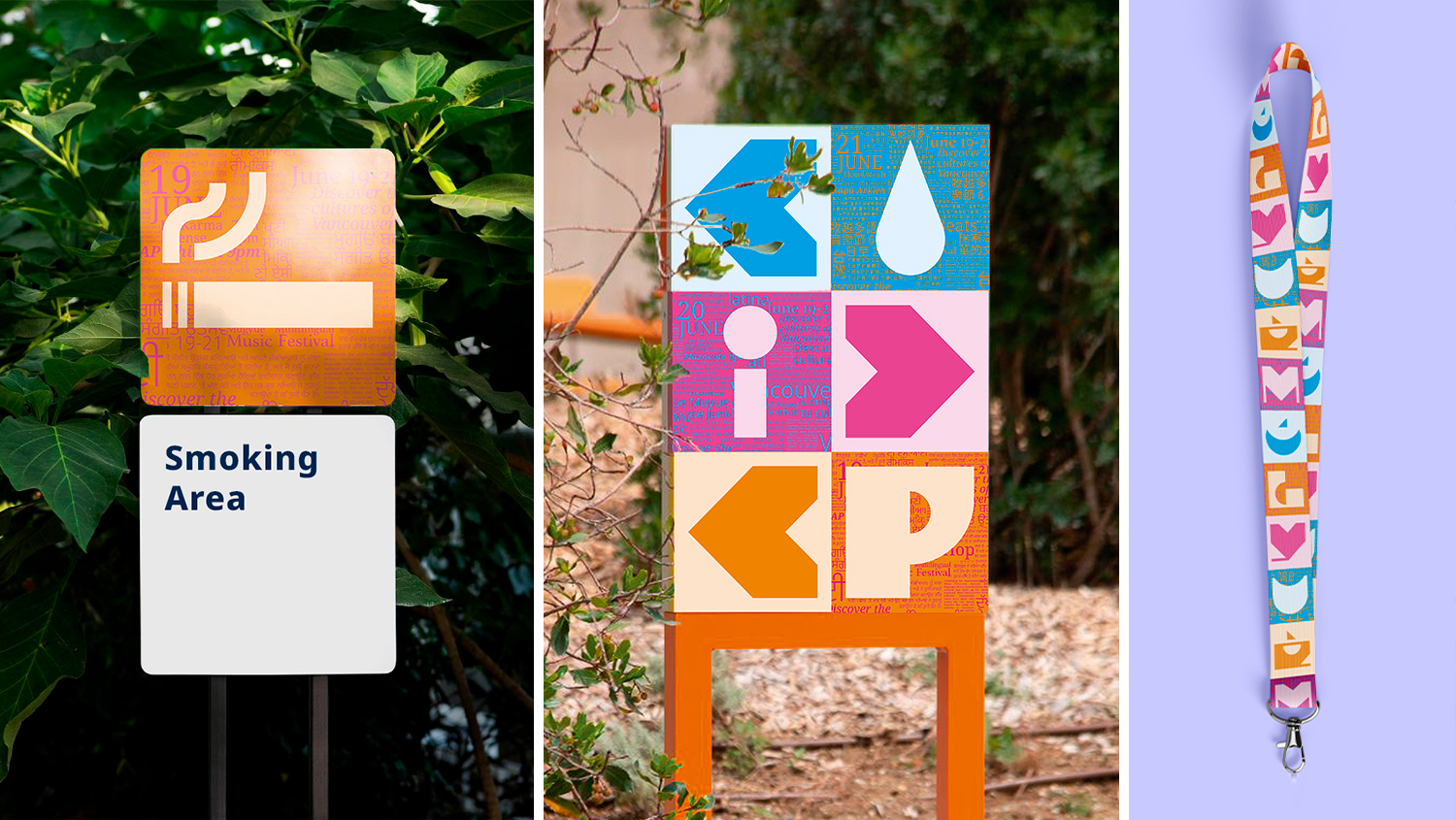 Wayfinding and lanyard design for a music festival featuring bold colour and typography.