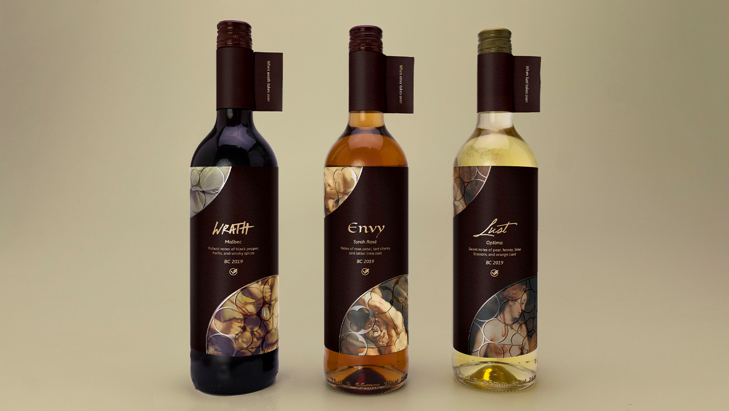 Three wine bottles titled “WRATH”, “Envy”, and “Lust” in expressive typography, with dark burgundy backgrounds, and baroque paintings masked in circles on the top left and bottom right of the labels.