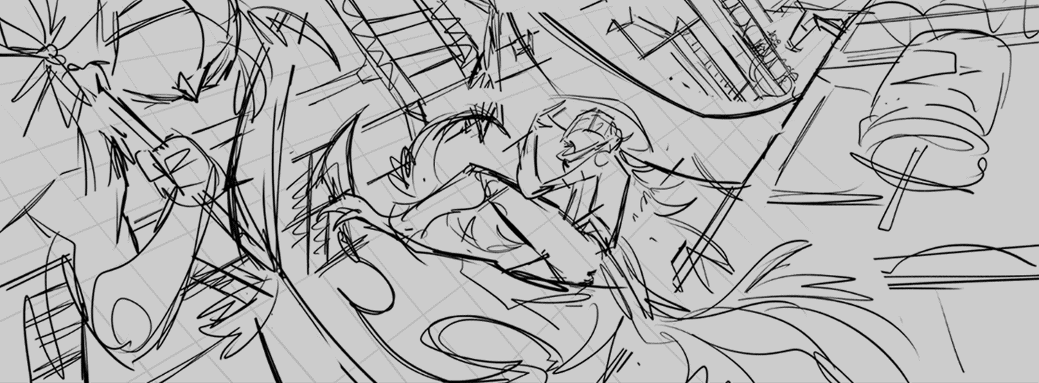 A gif showing the process of a wide environmental illustration. It features two characters in the foreground with light casting downwards as stacks of tall buildings lean high above them.