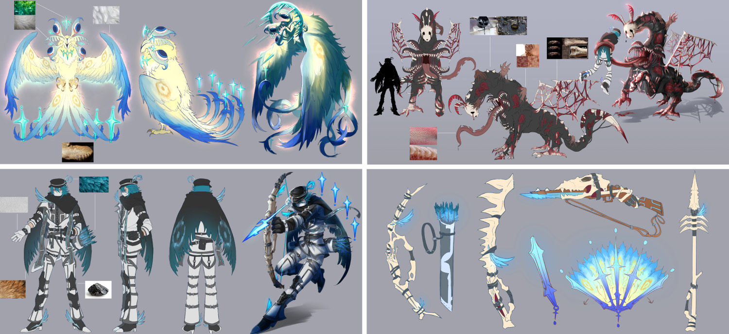 Four concept art sheets. Displays a design of a bird-like glowing creature, a character design of the protagonist wielding a bow and arrow made of bones, a decaying monster with melting flesh, and various designs of weapons made of bones and feathers.