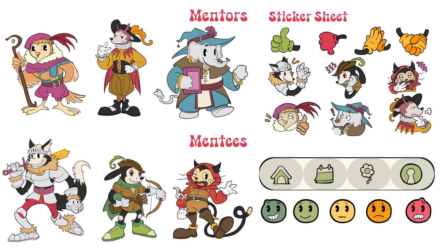 Various colourful animals drawn in the style of rubber hose. A sticker sheet displaying their different expressions and a navigation menu with UI, also in the style of rubber hose.