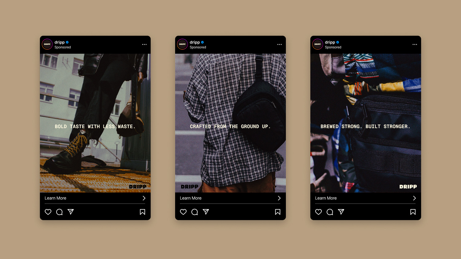 Three Instagram posts with promotional taglines over photography of DRIPP bags in use in urban settings.