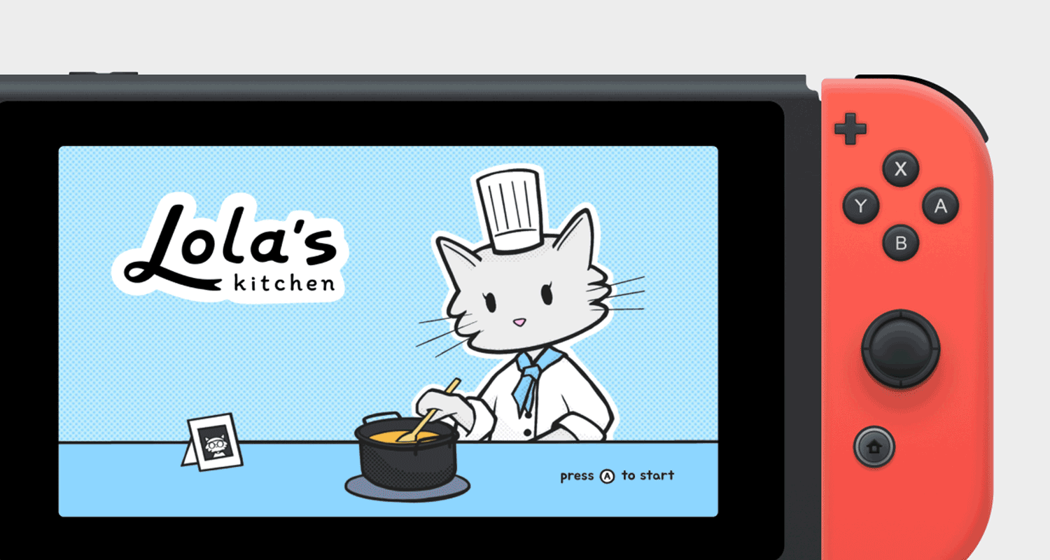 GIF showcasing four screenshots from Lola’s Kitchen on a Nintendo Switch screen, including a cat character stirring a pot of soup, a level select map with Asian cities, and rhythm-based cooking gameplay.