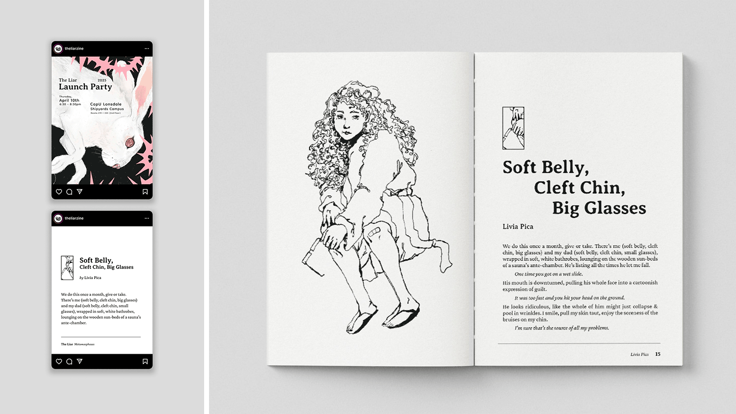Two Instagram posts with event details and excerpts from the issue, followed by a GIF showing double-page spreads that feature student illustrations and creative writing pieces.