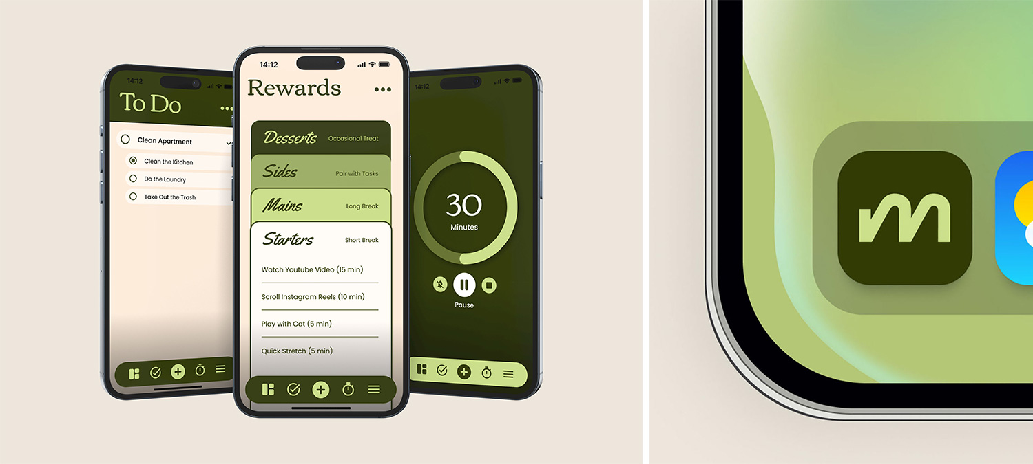 Three iPhone screens displaying Motiv’s to-do list, rewards, and timer interfaces, followed by a close-up of the iPhone home screen with the Motiv app icon.