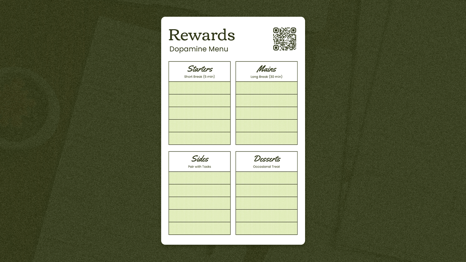 A GIF alternating between the flat printout designs for Motiv’s to-do list and rewards system, on top of a desk background image with a dark green overlay.