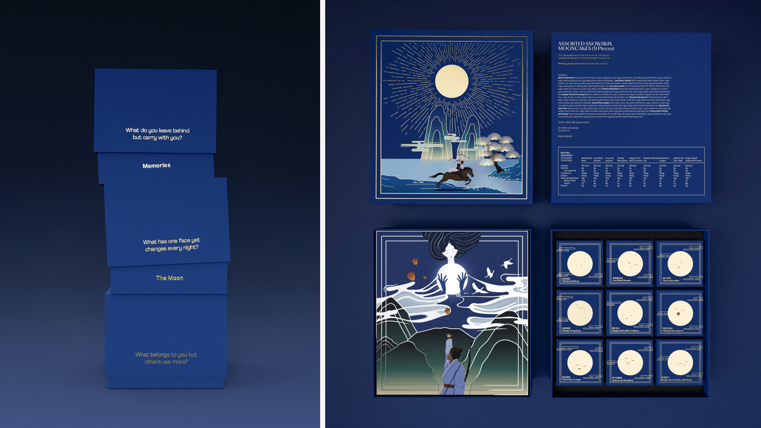 Two-part image composition. Left: stack of three individual mooncake boxes, covers lifted to reveal the answers to riddles printed on the sides. Right: four views of the packaging showing the cover, back, insert illustration, and nine individual mooncake boxes.