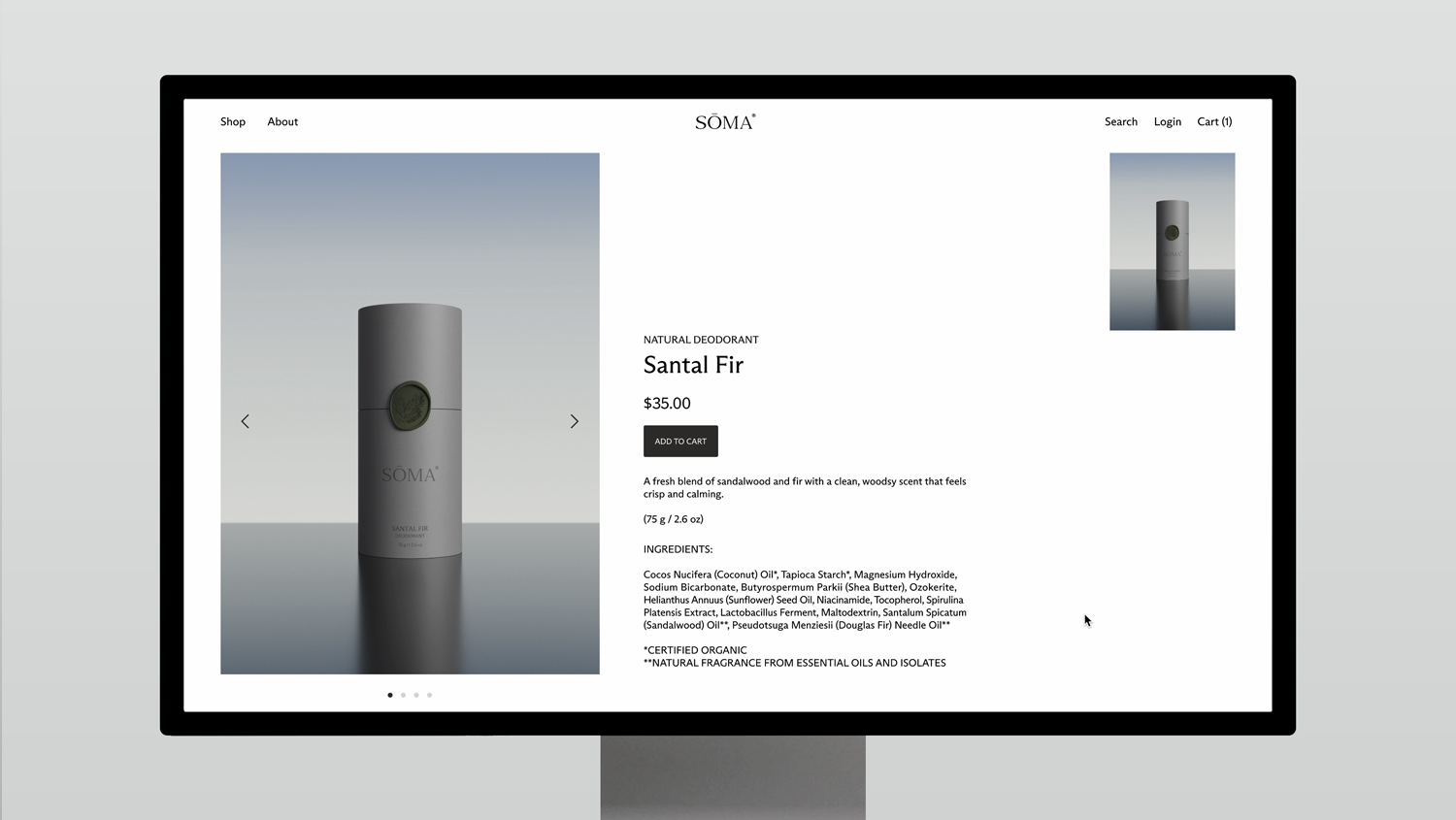 iMac screen displaying the SŌMA website on the Santa Fir deodorant product page.