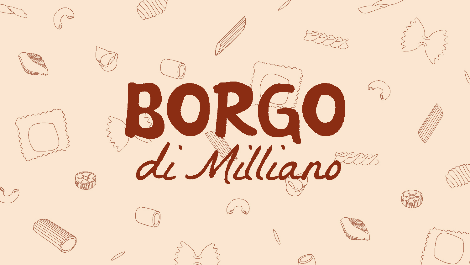 Wordmark for Borgo di Milliano’s Italian restaurant, inspired by classic Italian bodega typography, in brown, overlaid on a complementary beige background, with line illustrations of various pastas.