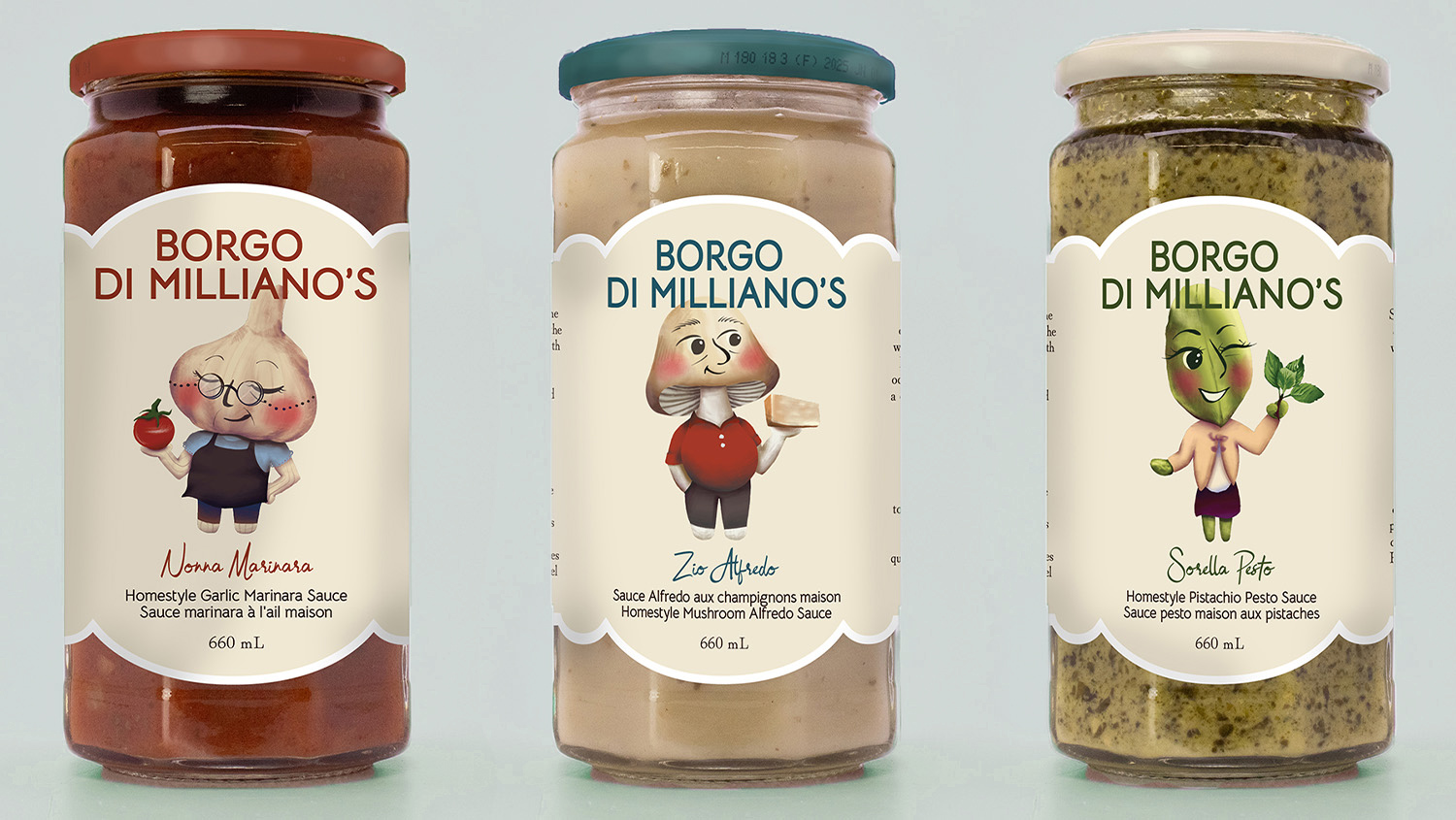 Three pasta sauce jars arranged side by side on a white background, each labelled with a personalized character illustration on the front side.