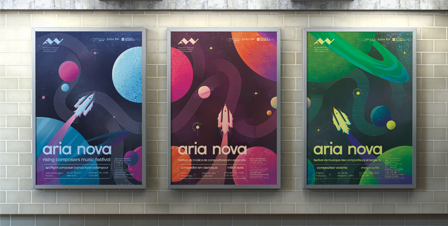 Three illustrated music festival posters displayed side by side in a subway station, each featuring a space-inspired design with planets, stars, a rocket, and a personalized colour palette for each artist.