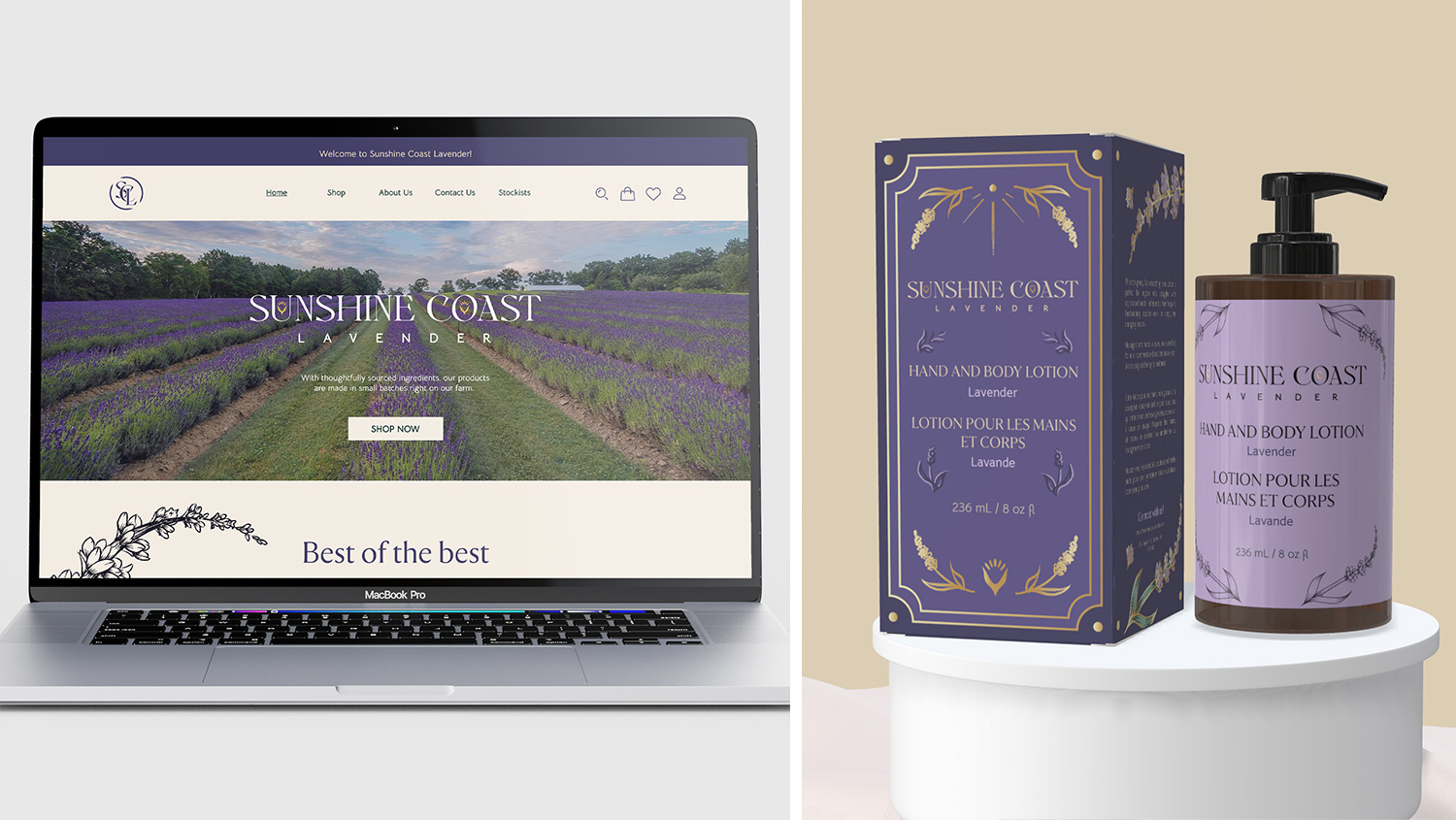 Laptop displaying the Sunshine Coast Lavender website beside a 3D model of a lotion bottle with matching product packaging on a pedestal.