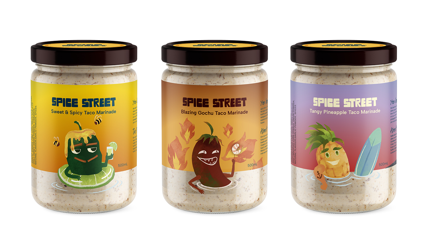 Three marinade jars on a white background with a colourfully illustrated fruit character on each jar.