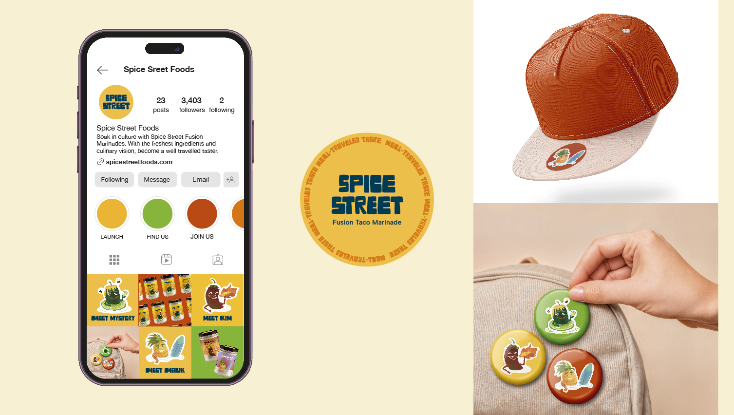 Mobile app Instagram page of the Spice Street Taco Marinade brand. Includes a brown backpack with three pins featuring colourful illustrated characters on each, and a red hat on a white background.