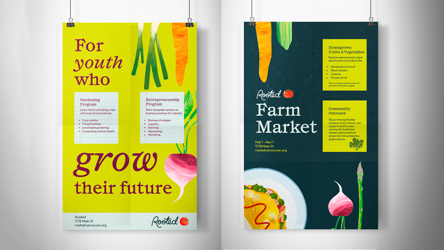 Rooted poster designs with illustrated fruits and vegetables.