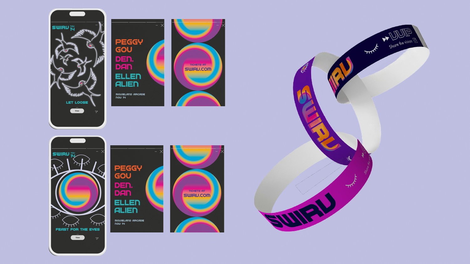 Social media screen mock-ups with SWIRV branding featuring eye and bird illustrations on a light purple background. Branded wristbands in dark, medium, and light purple, with the SWIRV logo.