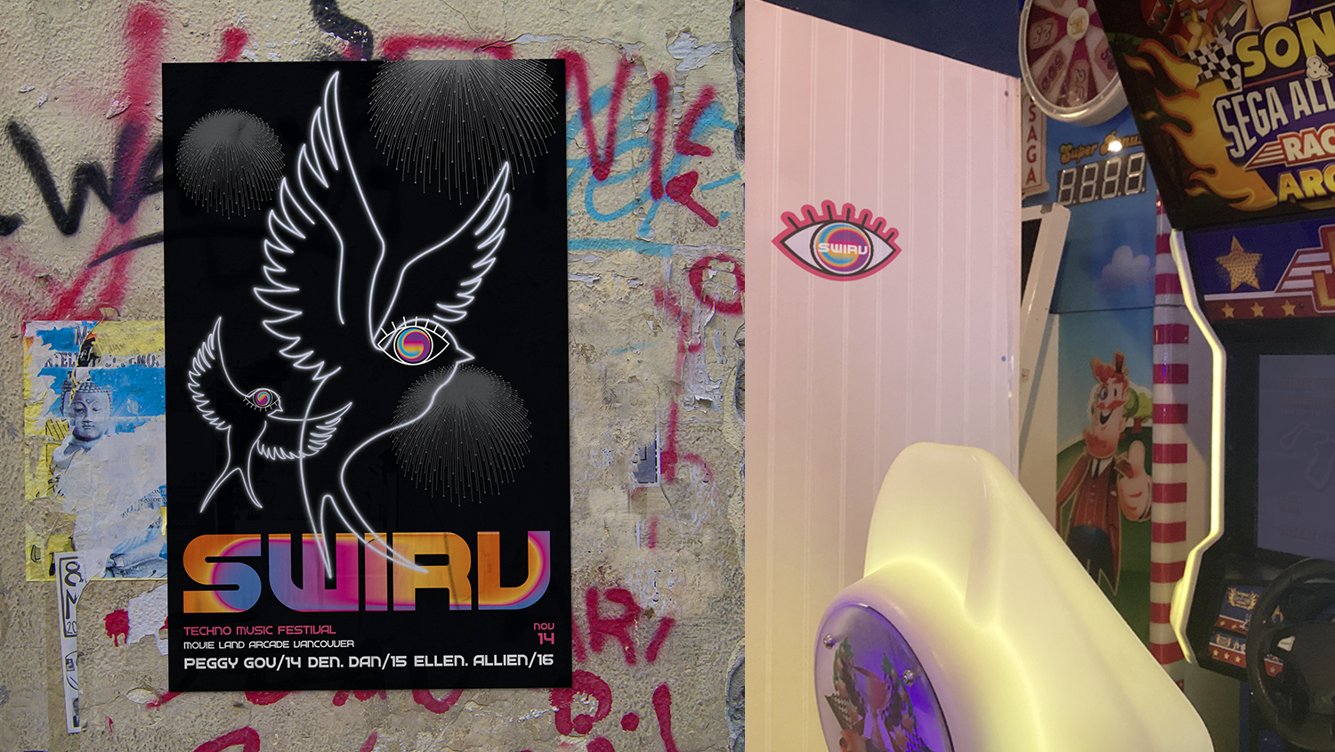 SWIRV poster with eye and bird illustration on a graffiti-covered concrete wall to the left of an arcade machine and a white wall with an AR-enabled eye sticker on it.