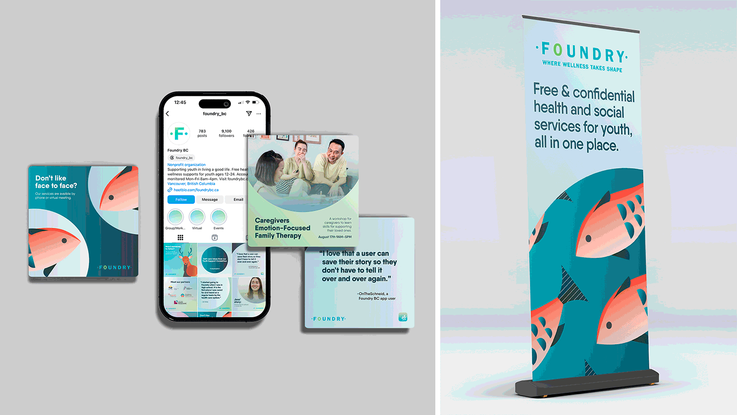A split-screen looping GIF showing a laptop with the Foundry landing screen, an iPhone displaying Foundry BC’s Instagram page and select enlarged posts, a folded brochure showing the front and back pages, and a standing banner.