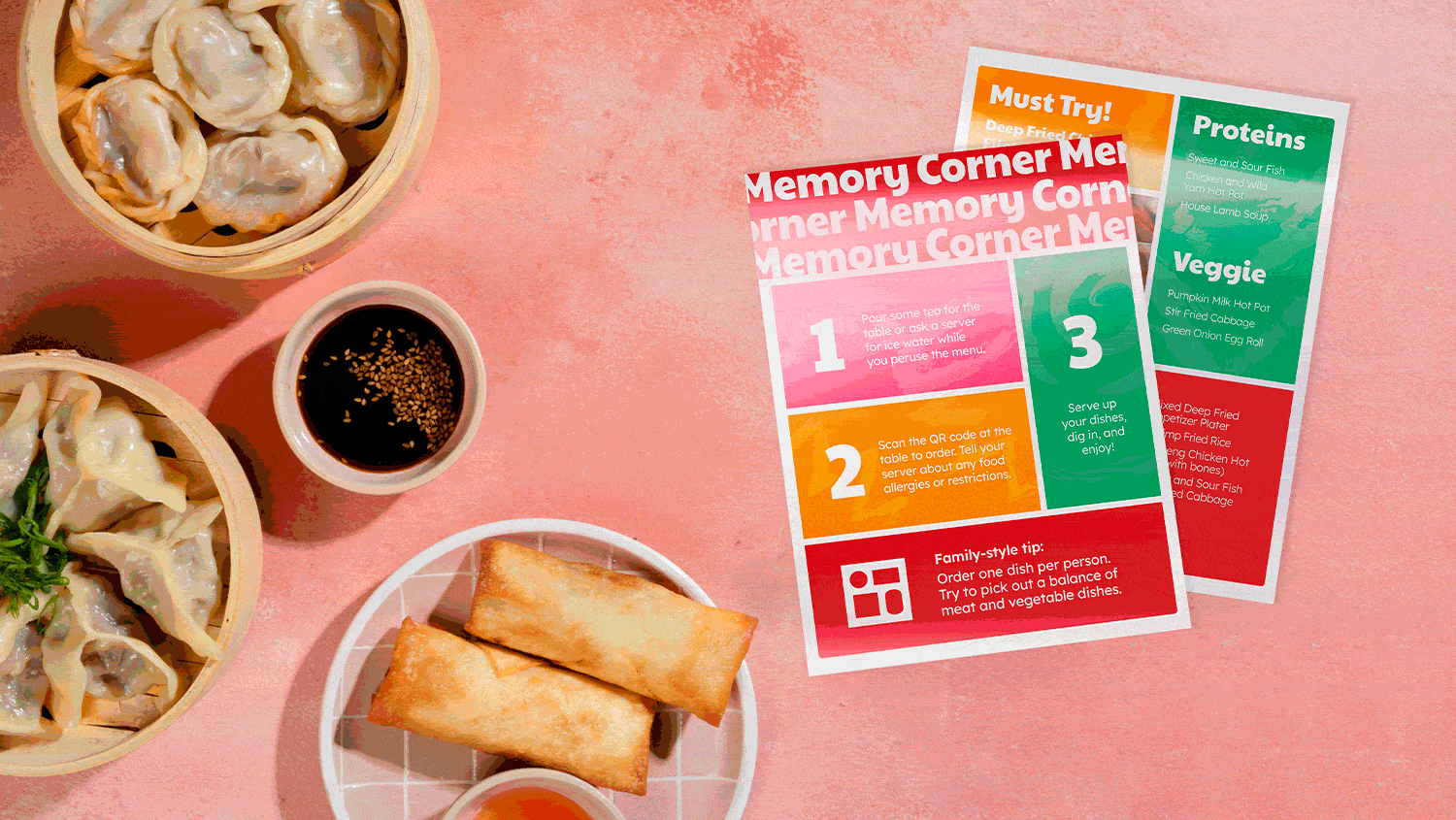 A rotating gif of two menu handouts showing a guide to Asian restaurant dining and featured menu items; a bus shelter displaying a poster featuring a mix of food illustrations and photography; an iPhone screen on the ARR app home page; a two-page report spread, and the ARR logo surrounded by line drawings of ingredients.